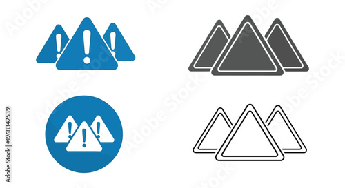 Multiple warning triangle vector graphic illustrations displaying essential alert symbols used for industrial safety signage and digital interface design projects