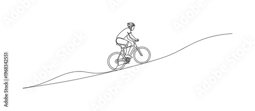Cycling Adventure. Minimalistic one-line drawing individual on bike pedaling along hilly trail, continuous single black line on white background, simple