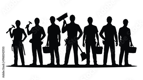 Silhouette of construction workers holding tools symbolizing teamwork strength and labor workforce unity in industry for labor day concept banner design