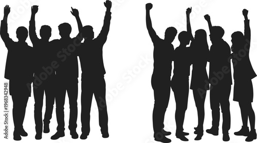 People celebrating success silhouettes, group raising hands vector illustration of teamwork victory achievement isolated minimal design happy crowd