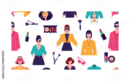 bold beauty patterns seamless pattern, repeating pattern, surface design, textile print, modern illustration of models with vibrant lipstick, eyeshadow,