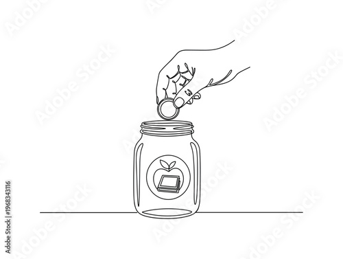Education Fundraising. Minimalistic one-line drawing hand placing coin into jar labeled with school symbol, continuous single black line on white background,