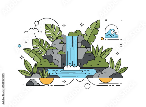 Tropical jungle jungle waterfall pool scene where water collects in a small pond surrounded by tropical foliage while tiny sparkle and wave icons highlight
