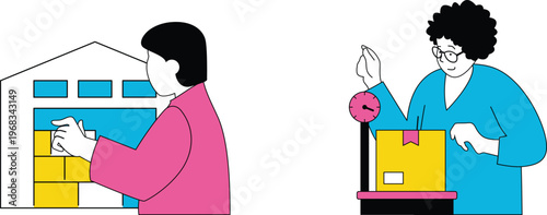 Customer receiving package from a postal worker at a counter with a clock and box nearby