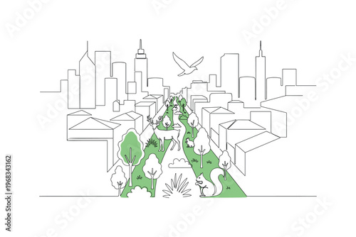 City Eco-Corridor. Minimalistic one-line drawing green belt with plants and wildlife crossing between city blocks, continuous single black line on white