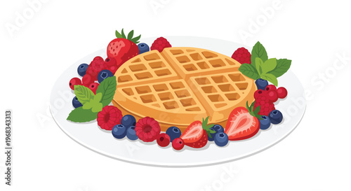 A plate of waffles with strawberries, blueberries, raspberries, and mixed berries on a white background in a flat lay composition.