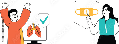 Two individuals celebrate successful medical treatment and digital health verification using technology and lung imagery