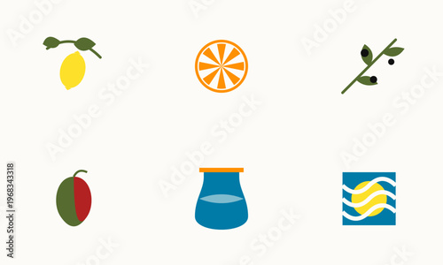 Set of stylized mediterranean icons featuring lemon orange olive branch and sea elements