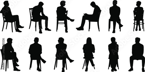 People sitting on chairs silhouettes set, men and women seated poses vector illustration of posture positions isolated minimal design