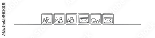 Designated Mail Area. Minimalistic one-line drawing row of compartments or slots with letters inside, continuous single black line on white background, simple