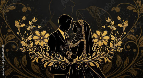 Vászonkép Elegant Silhouette of a Wedding Couple Adorned with Golden Floral Ornaments on a