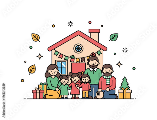 Family gathering seasonal reunion scene where relatives gather in a decorated home while small sparkle and leaf icons emphasize warmth, tradition, and familial