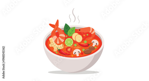 Vibrant Illustration of Flavorful Tom Yum Soup Bowl Filled with Shrimp, Vegetables, and Aromatic Herbs