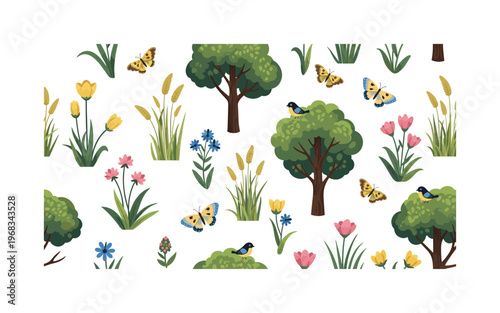 forest clearing seamless pattern, repeating pattern, surface design, textile print, modern illustration of glades with wildflowers, grasses, butterflies, birds