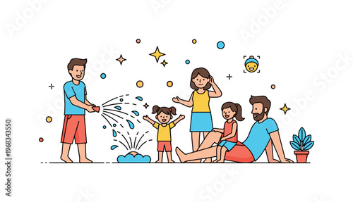 Family in the backyard water play scene where children splash with sprinklers while parents watch and relax while small sparkle and star icons emphasize summer