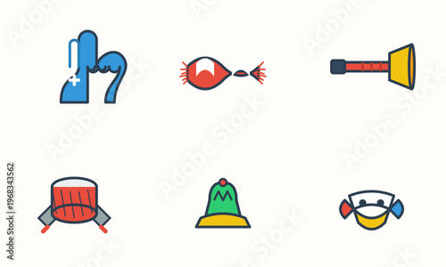 Hand-drawn vibrant set of six diverse football supporter accessories featuring vuvuzela drum foam hand beanie match day essentials authentic illustration