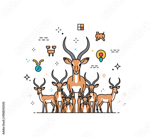 Impalas alert group look concept where the herd looks in multiple directions while tiny sparkle and line icons highlight vigilance, herd dynamics, and predator