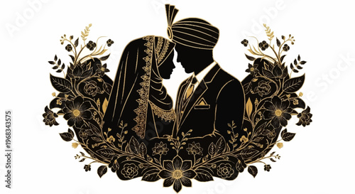 Elegant Islamic Wedding Silhouette Illustration with Floral Accents and Traditional Attire