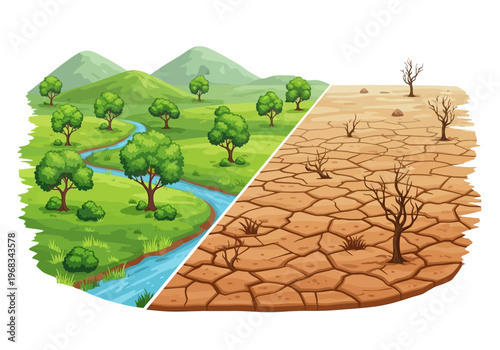 Contrasting Lush Green Landscape with Arid Desert Scene Depicting Climate Change Impact