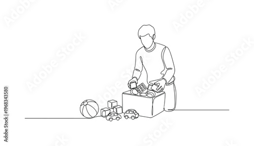 Picking Up Toys. Minimalistic one-line drawing individual gathering scattered toys into container, continuous single black line on white background, simple