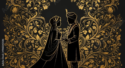 Opulent Golden Indian Wedding Silhouette Featuring a Bride and Groom within Elaborate Floral Motifs, Symbolizing Cultural Heritage, Love, and Marital Bliss with Decorative Elegance