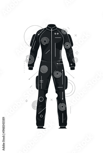 wind-resistant suit circular shapes thin lines and abstract swirl icons realistic monochrome streamlined jumpsuit designed for skydiving with white cut-out