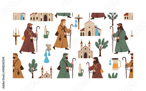faith icons seamless pattern, repeating pattern, surface design, textile print, modern illustration of pilgrims holding rosaries, crosses, walking sticks,