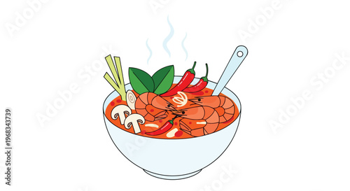 Vibrant illustration of a steaming bowl of tom yum soup with fresh ingredients and a spoon ready for a delicious culinary experience