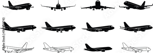 Airplane silhouette set with different angles and views, commercial aircraft vector collection isolated, aviation icons for travel, transport, and design projects