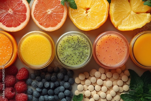 Minimal graphic layouts for advertising functional foods and colorful fruit supplements