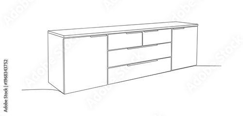 Concealed Cabinet Pulls. Minimalistic one-line drawing modern storage with hidden pull handles, continuous single black line on white background, simple