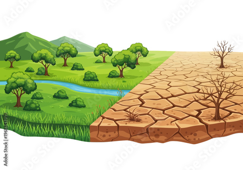 Environmental Contrast A Divided Landscape Showing Lush Greenery Versus Arid Dryness, Highlighting Climate Change Impacts