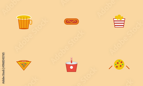 Hand-drawn collection of sports watch party snacks including beer, hot dog, popcorn, pizza, soda, and snack authentic illustration
