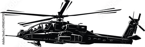 Attack helicopter silhouette with detailed military aircraft design, combat chopper vector illustration isolated, aviation defense technology concept for transport, army and war related projects