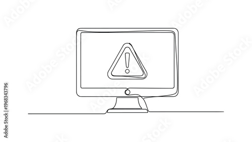 Alert Window. Minimalistic one-line drawing computer screen with triangle warning icon and message, continuous single black line on white background, simple