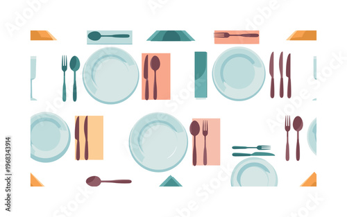 dining table icons seamless pattern, repeating pattern, surface design, textile print, modern illustration of cutlery, plates, napkins, forks, knives and