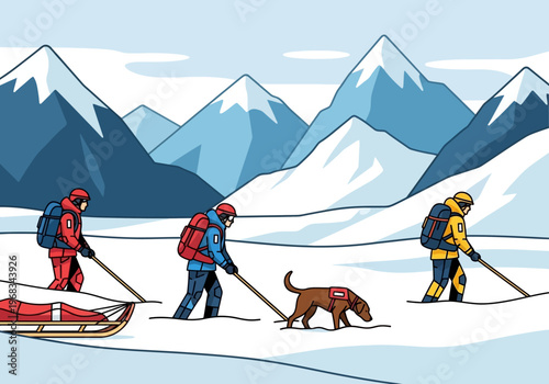 Search and rescue team with dog and sled in snowy mountainous terrain