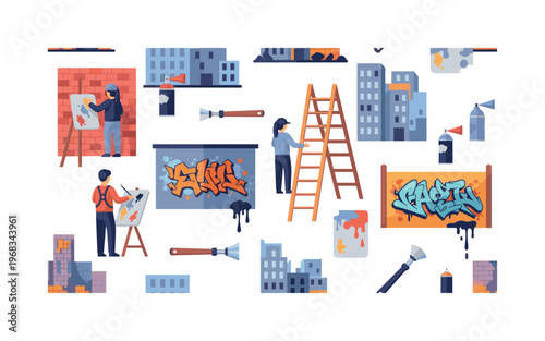 street art icons seamless pattern, repeating pattern, surface design, textile print, modern illustration of mural painters, spray cans, ladders, graffiti