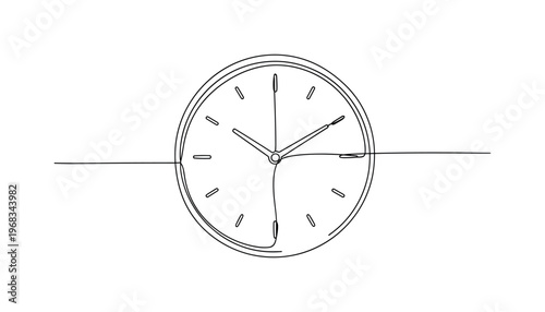 Timepiece Illustration. Minimalistic one-line drawing wall clock showing hour and minute hands, continuous single black line on white background, simple
