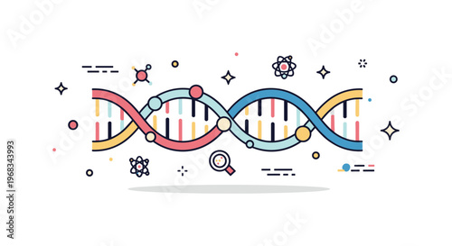 Biology DNA double helix scene where a colorful twisting DNA strand is shown while tiny sparkle and star icons highlight genetics, molecular biology, and