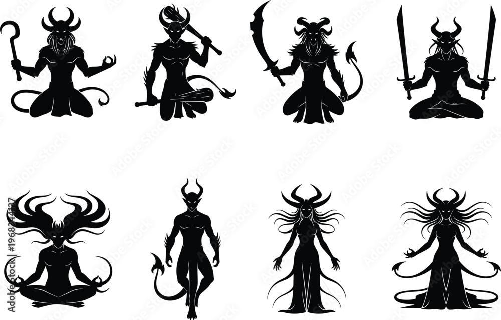 Fototapeta premium Dark demon silhouettes collection with horns weapons and mystical poses, fantasy evil characters vector set isolated on light background