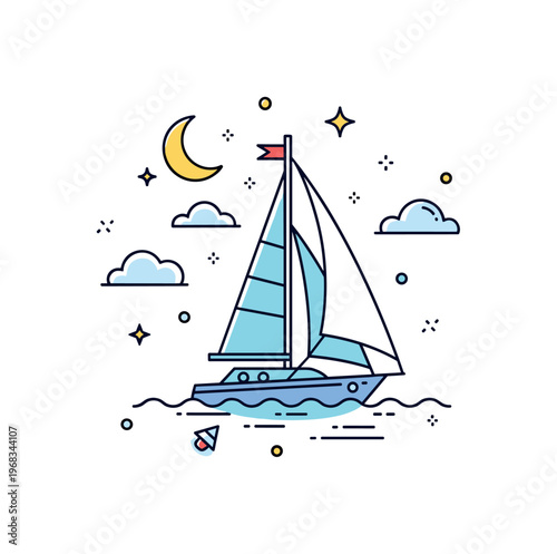 Sailing boat night voyage concept where the boat sails under a starry sky while tiny sparkle and line icons highlight tranquility, adventure, and serene