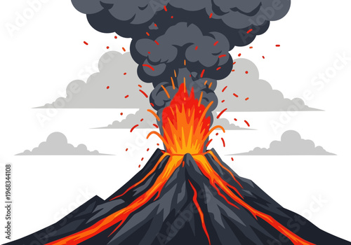 Illustration of an erupting volcano with lava flowing down its sides and smoke billowing into the sky