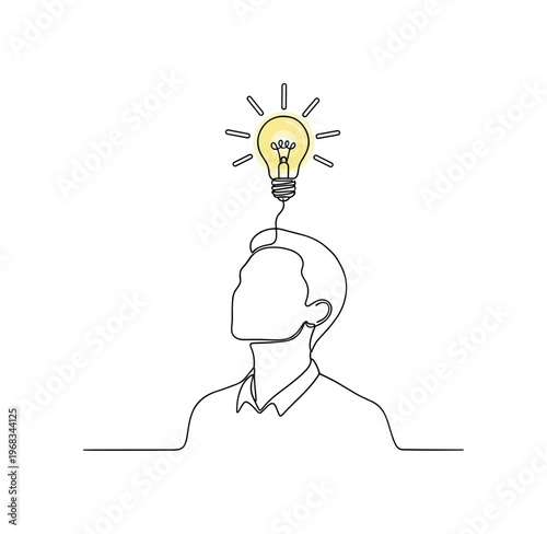 Idea Discovery. Minimalistic one-line drawing person with illuminated lightbulb representing sudden understanding, continuous single black line on white