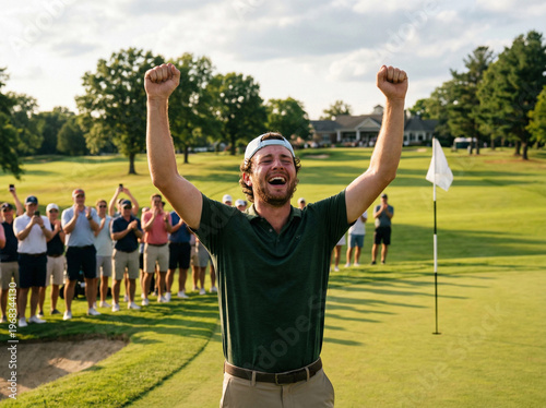 Young golfer celebrating a successful putt on the green.