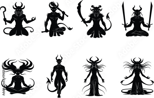 Dark demon silhouettes collection with horns weapons and mystical poses, fantasy evil characters vector set isolated on light background
