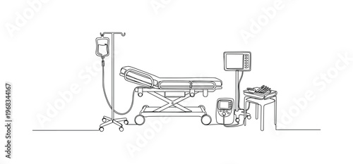 Childbirth Preparation. Minimalistic one-line drawing delivery bed with surrounding medical equipment, continuous single black line on white background, simple