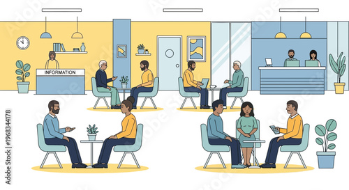 Diverse group of people in business meetings and interviews.
