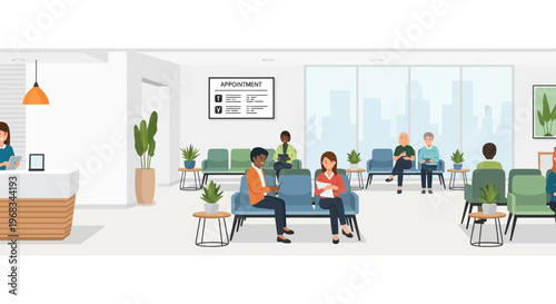 Diverse group of people waiting in a modern clinic reception area 1.
