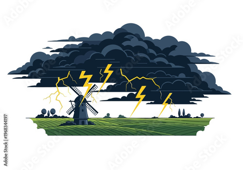 Dramatic stormy weather with lightning strikes over a rural landscape featuring a windmill